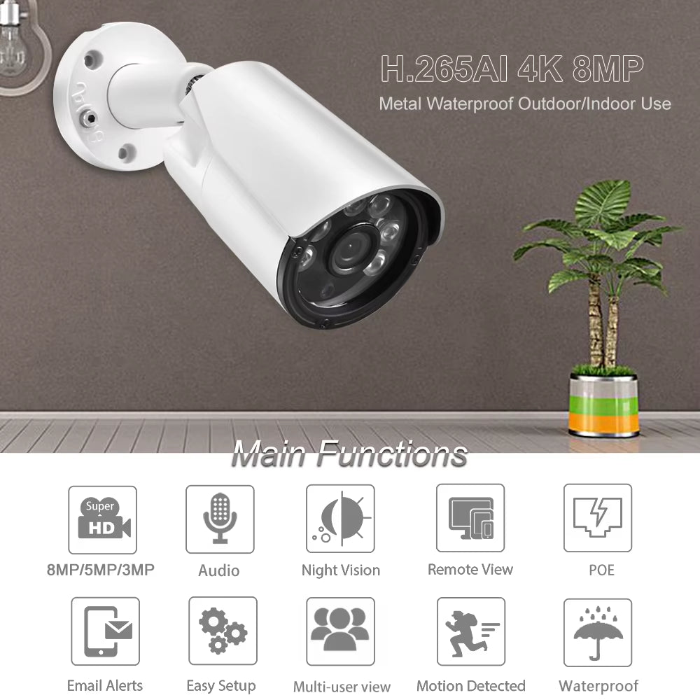 Audio IP Camera 4K 8MP H.265+ 5MP 4MP Outdoor Street Bullet CCTV for POE NVR System Security Surveillance IR Metal Camera POE
